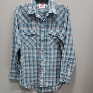 Levi's Vintage Men's Blue and Gray Snap Front/Pockets Plaid Shirt, Medium